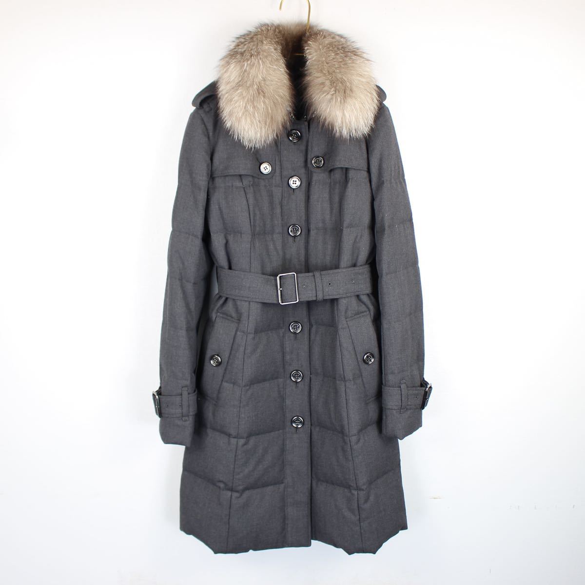 BURBERRY LONDON FUX FUR WOOL BELTED LONG DOWN COAT/バーバリー
