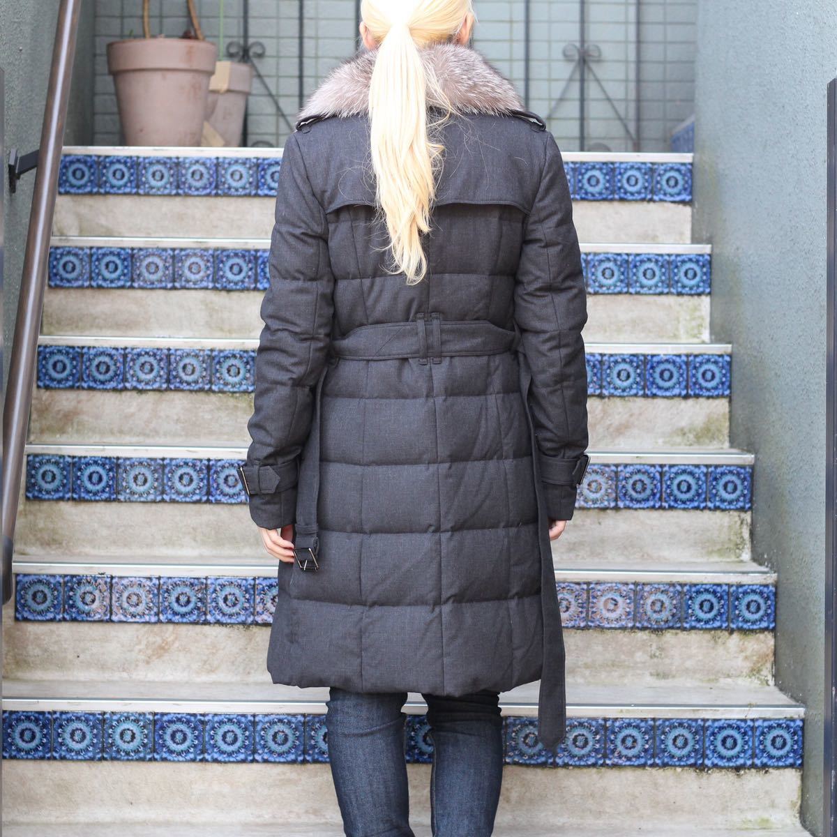 BURBERRY LONDON FUX FUR WOOL BELTED LONG DOWN COAT/バーバリー