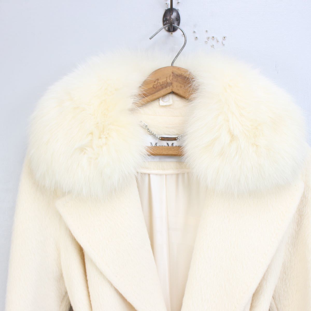 MAX MARA FOX FUR ALPACA SHAWL COLLAR BELTED COATマックスマーラ白タグフォックスファーアルパカショールカラーベルテッドコート