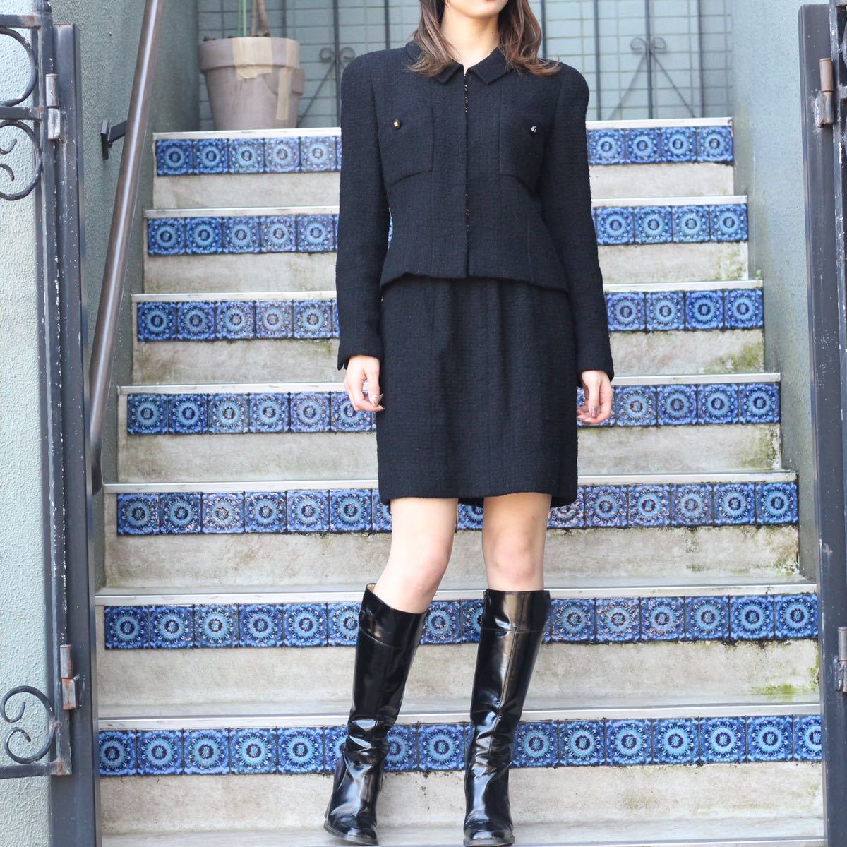 CHANEL 96A COCO MARC BUTTON TWEED SET UP JACKET SKIRT/シャネルココマークボタンツイードジャケットスカートセットアップ_画像2