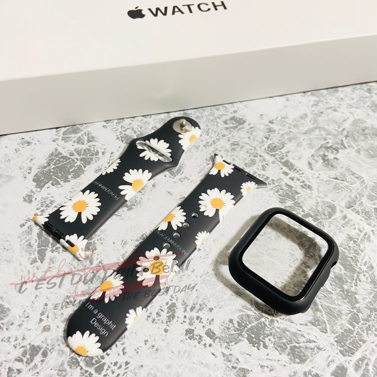 Apple Watchシリコーンスポーツバンド＆カバーセット　ヒナギクブラック 42/44/45