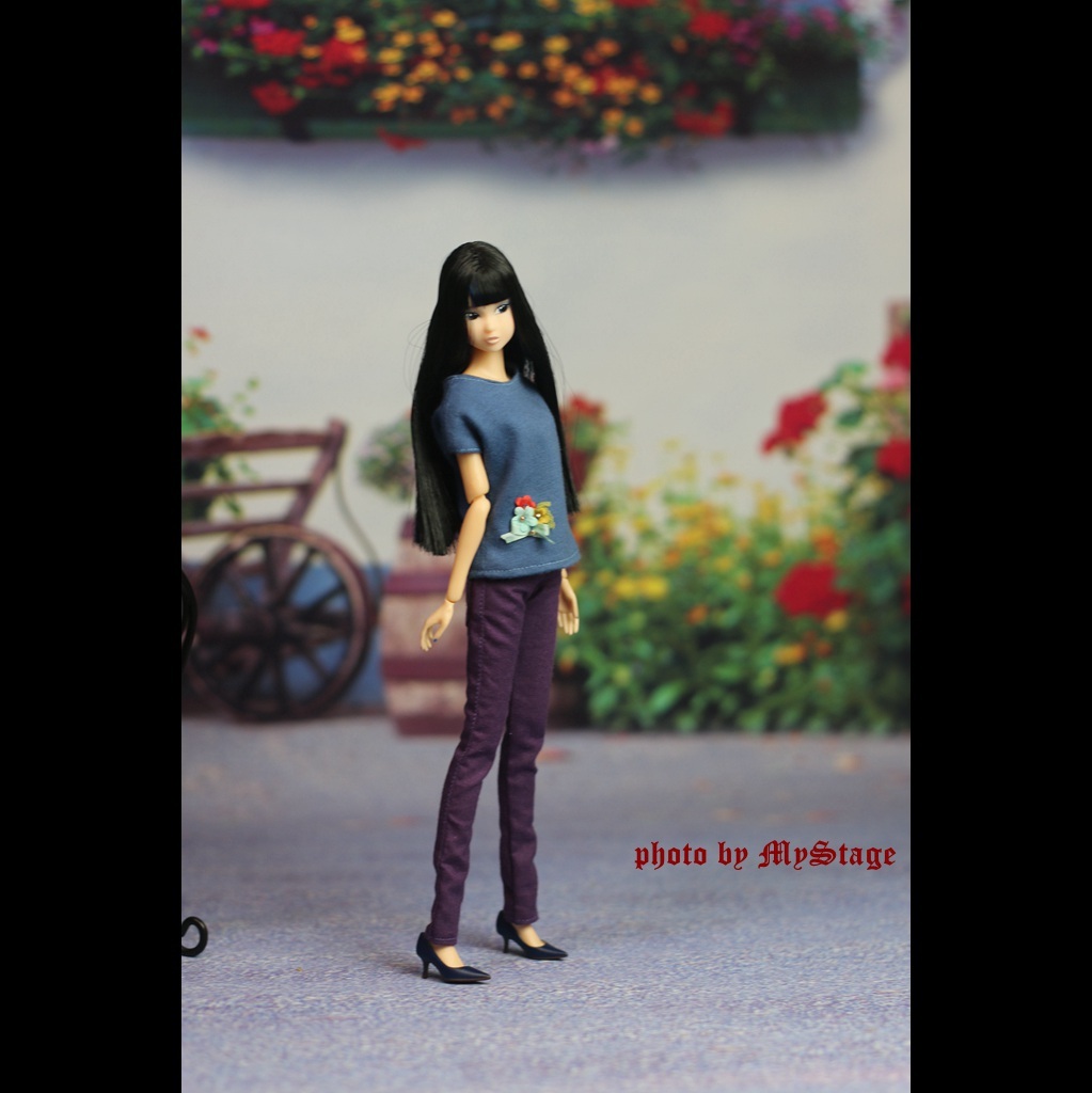 msdr-22-217 青フレンチスリーブTシャツと濃紫スキニーパンツ（momoko/ジェニー/リカちゃんなど1/6人形用）の画像5