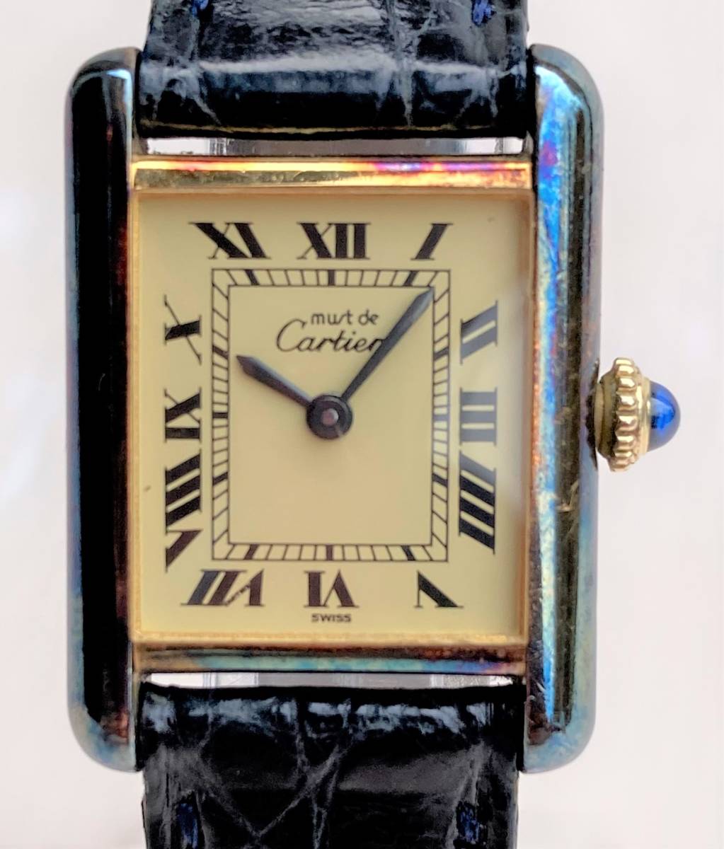 銀無垢 カルティエ タンク murt de Cartier ARGENT PLAQUE OR G 20M SV925 手巻き レザー レディース腕時計 