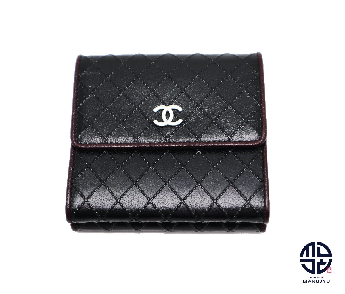 最安値級価格 CHANEL シャネル 黒 ブラック シルバー金具 Wホック 3つ折り財布 コンパクトサイフ 女性用財布