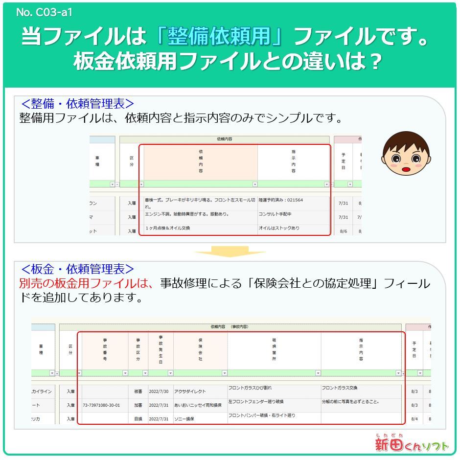 C03-a1 automobile maintenance * repair request control table file / maintenance * vehicle inspection "shaken" * inspection * repair * delivery / Excel( Excel ) customer request control table / new rice field kun soft 