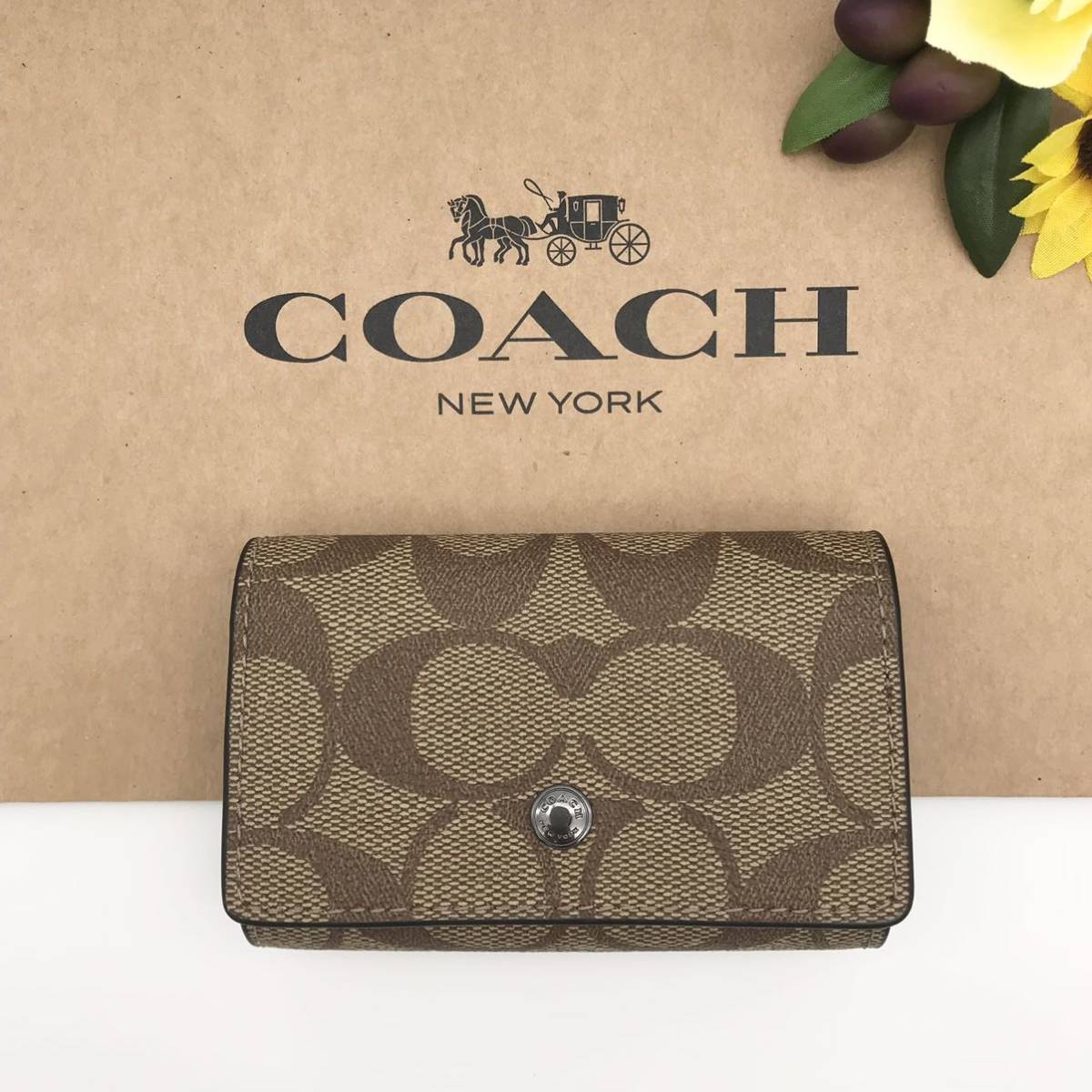 COACH ★大人気★ ファイブ リング キー ケース シグネチャー キャンバス タン 新品 F78675 QBTN2