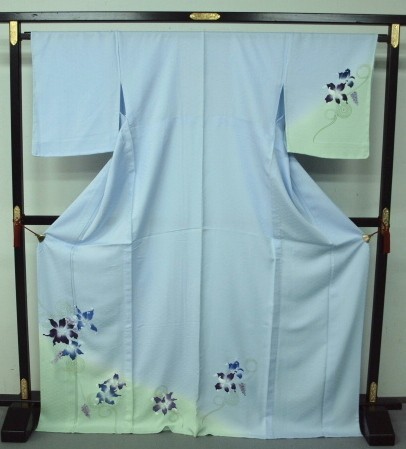 お買い得！特選単衣 手縫い正絹訪問着　1346「染めの北川」ＣＨＵＬ　ＴＨＡＩ　Ｎｏ.6　水色　カトレア・葡萄