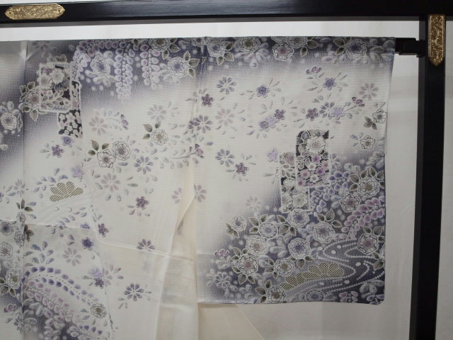 お買い得!お仕立て上がり 夏絽訪問着 手縫い1757 白地薄グレー 辻が花