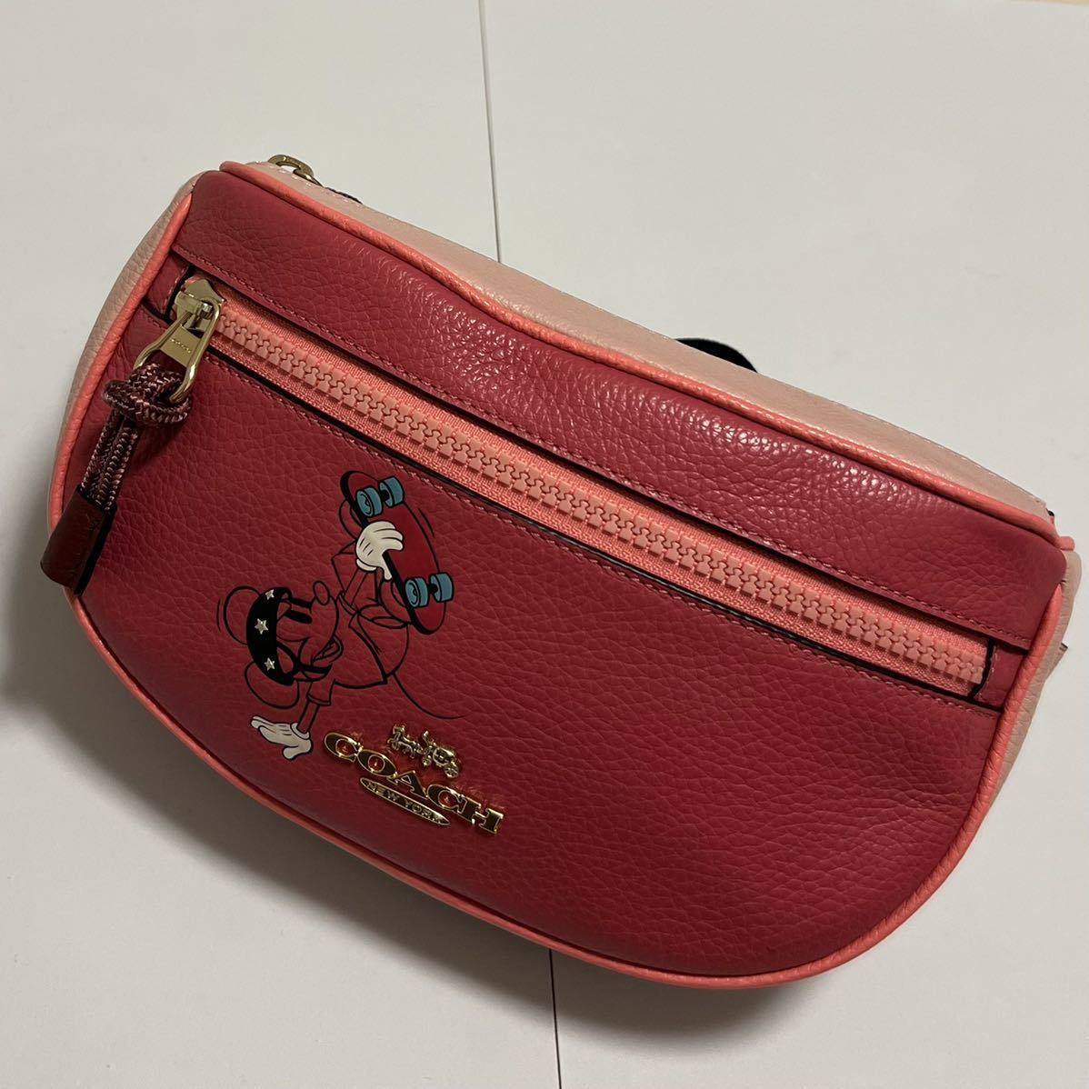 美品 Coach Disney コラボ ミッキーマウス ボディバッグ ピンク系 レザー ウエストポーチ スケボー コーチ ショルダー ディズニー 2712 Greatriverarts Com