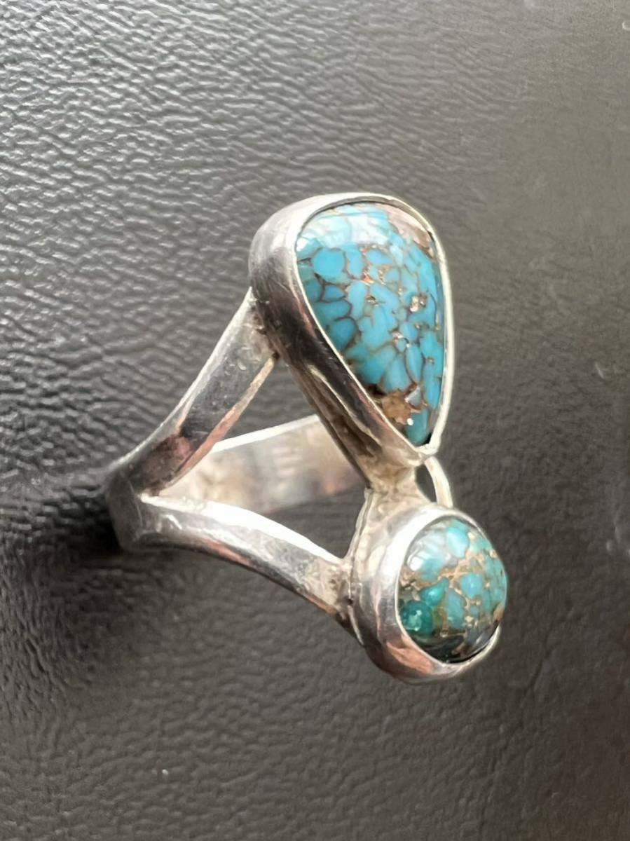 NAVAJO [OLD PAWN]1960~70\'sneba двойной - бирюзовый кольцо 11 номер Nevada Blue Turquoise индеец ювелирные изделия Navajo ho pi