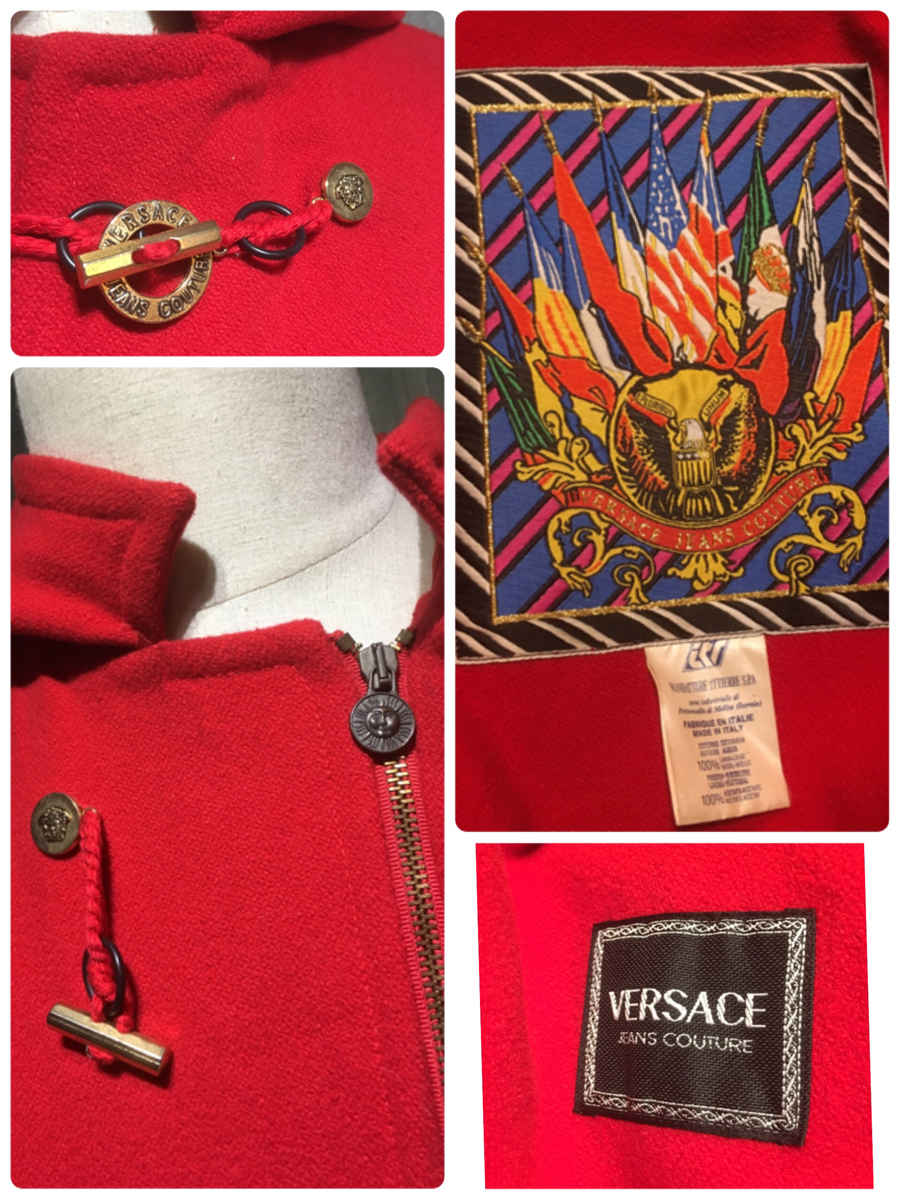  top class rare vintage VERSACE JEANS Versace men's red mete.-sa duffle coat outer outer garment beautiful goods 