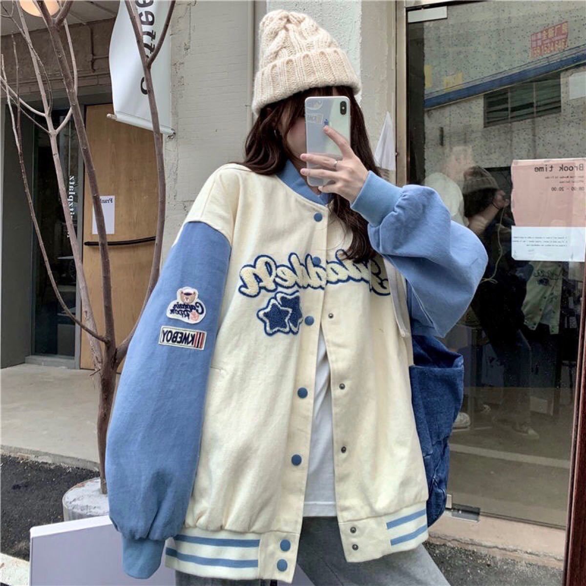 秋服 アウター スタジャン ユニセックス ヴィンテージ風 刺繍 青 秋服 アウター スタジャン ユニセックス ヴィンテージ風 刺繍 青
