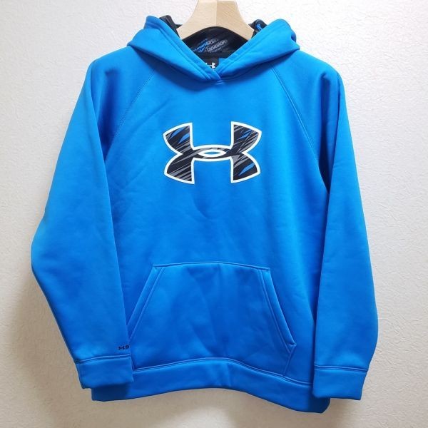 26▲a408B☆USED品【YXL】UNDER ARMOUR　ジュニア　UA STORM アーマーフリースビッグロゴフーディー　ブルー　撥水　現状_画像1