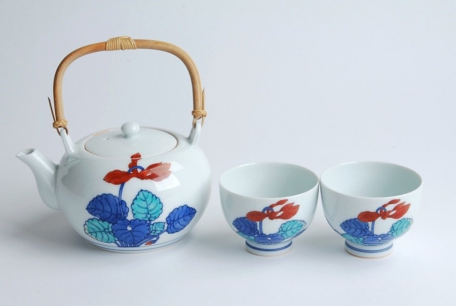 今泉今右衛門 造 錦花絵茶器 急須 湯呑茶碗2客 共箱 煎茶道具