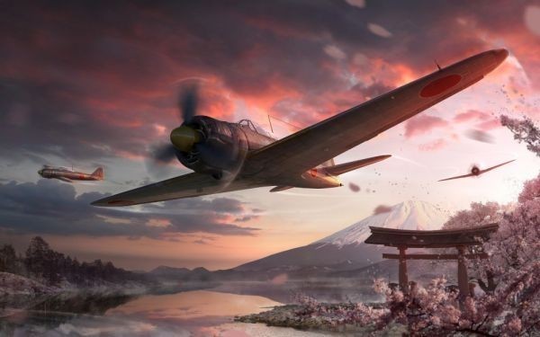 ゼロ戦 零戦21型 A6M2-b 富士山 さくら 戦闘機 ミリタリー アート 絵画風 壁紙ポスター 特大ワイド版921×576mm はがせるシール式 007W1の画像1