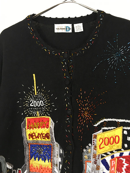 レディース 古着 NY タイムズスクエア 「2000年」 カウントダウン コットン ニット カーディガン L 古着_画像2