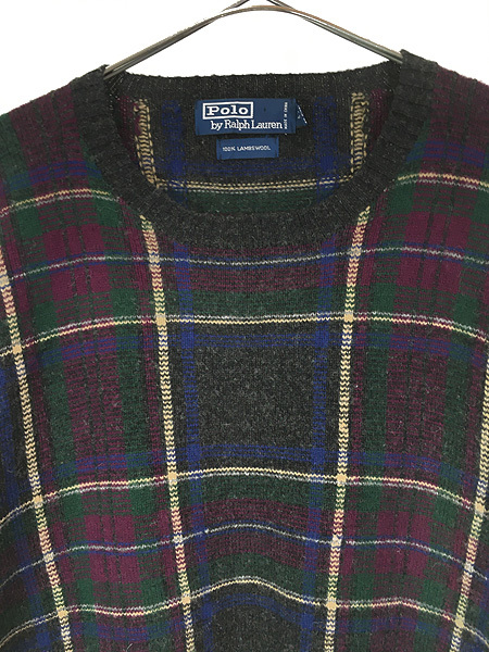  б/у одежда Polo Ralph Lauren темный проверка прекрасное качество Ram шерсть вязаный свитер XL б/у одежда 