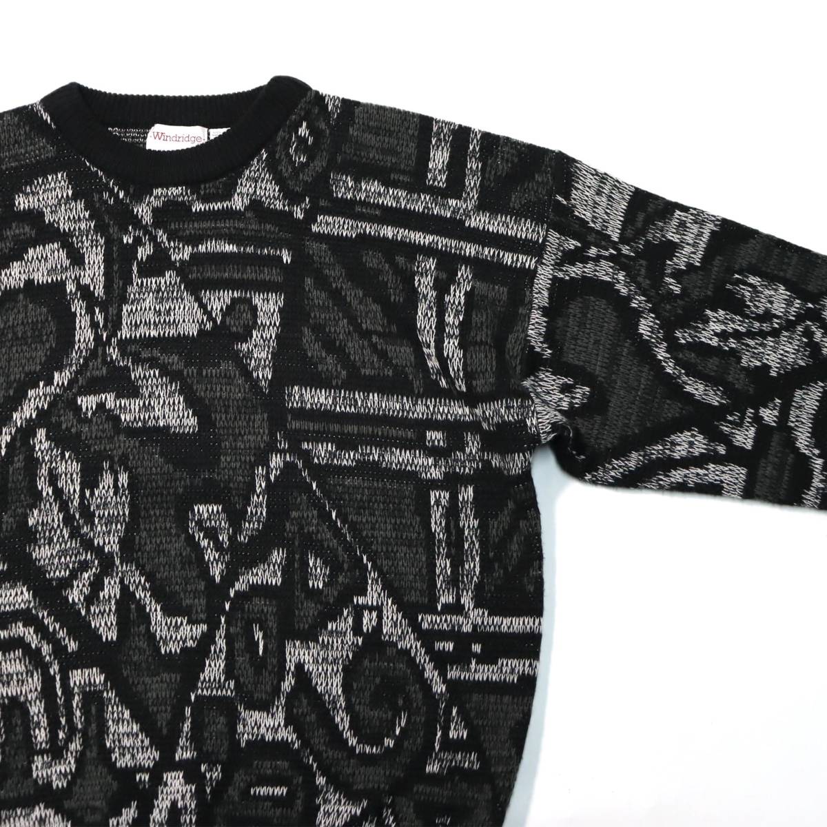 [M] 80s Windridge 総柄 デザイン ニット セーター ブラック mervyn's アクリル ジャガード ビンテージ vintage 90s_画像4