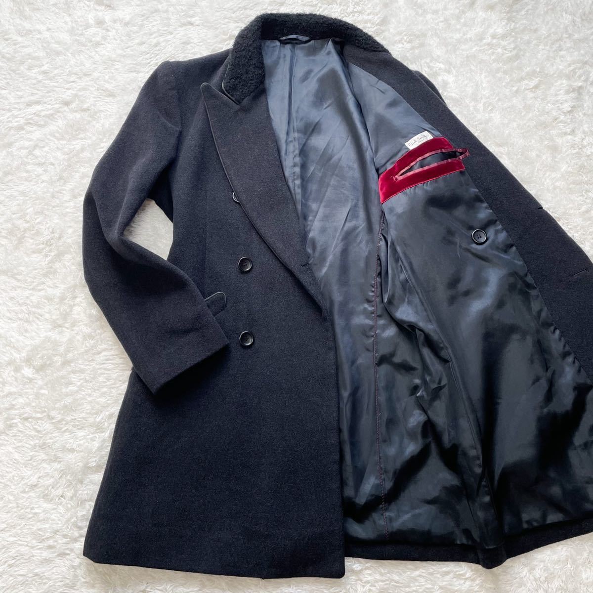 極美品『溢れる高級感』ポールスミス Paul Smith ダブルチェスターコート アンゴラ混 ベロア切替 ボア衿 ロング ウール チャコールグレー L