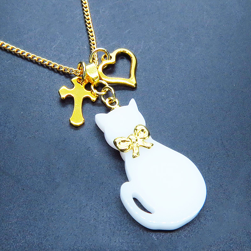  white cat Silhouette motif . Heart & Rosario. adult pretty necklace SV925 18KGC modification possible 