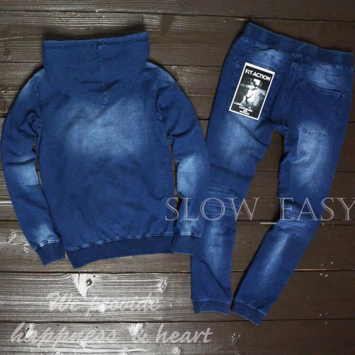 カットデニム セットアップ 紺/XXL 伸縮 スウェット パーカー ジョガーデニム ストレッチ サーフ ストリート系 ユニセックス 大きいサイズ_画像2