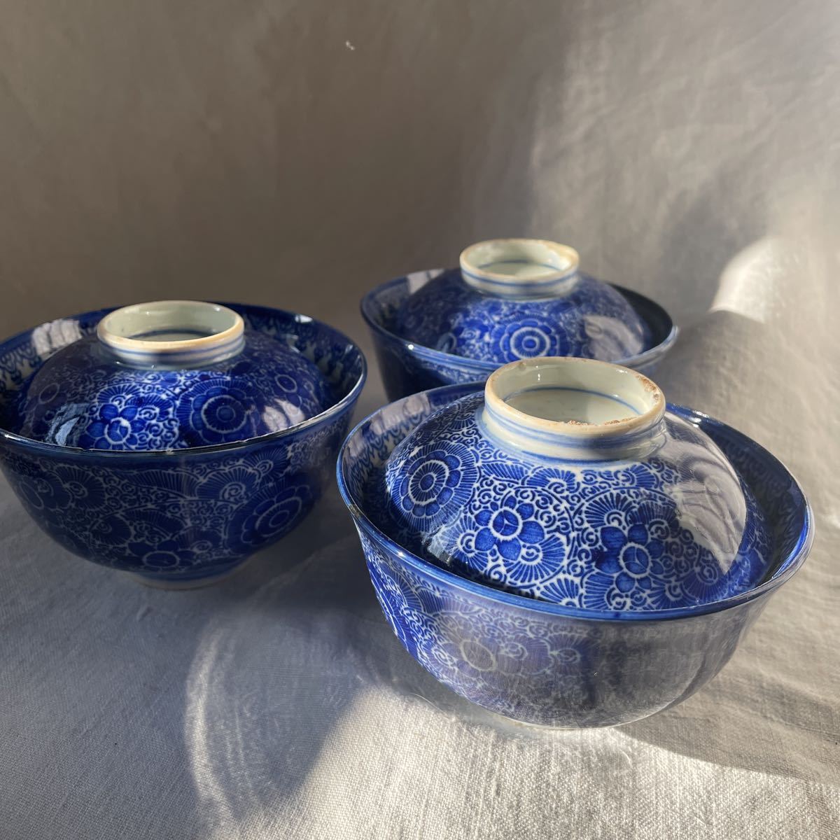 時代物 古染付 蓋碗 青花 茶碗 3客 縁起 検/ アンティーク 古伊万里 蓋