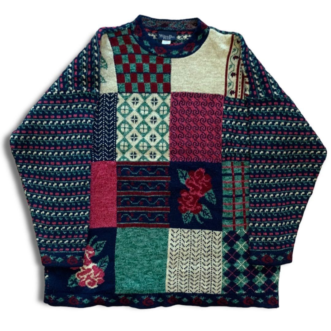 220328AAA1● 90S WillowBay Wool knit Sweater 90'S ウールニット 和柄 総柄ニット セーター トップス ビンテージ vintage アクリル