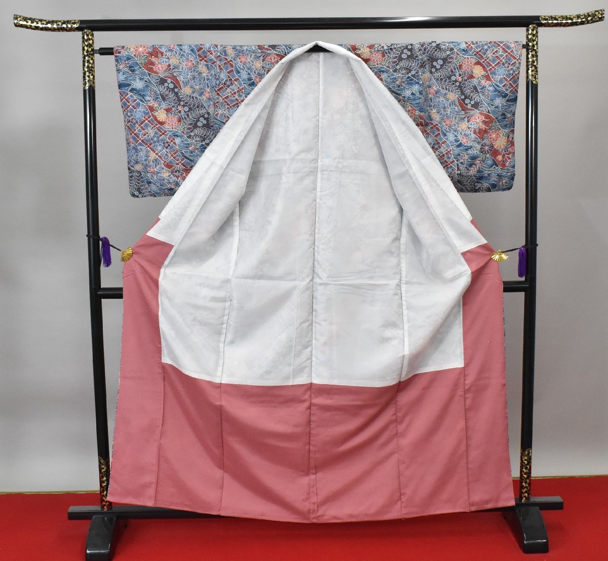 【桜庭呉服店】小紋 着物 秋草文 辻が花 花 藤の花 身丈157cm 裄丈63.5cm　★ kb-2085_画像9