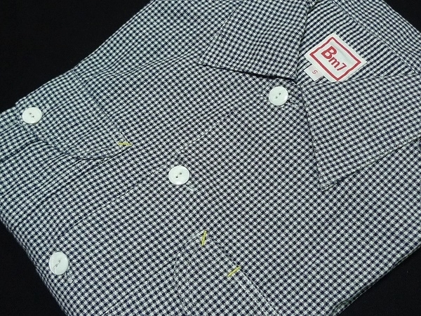 美品[Bm7]米国製ギンガムチエックワークシャツブラウスS(36)白/黒ロカビリー