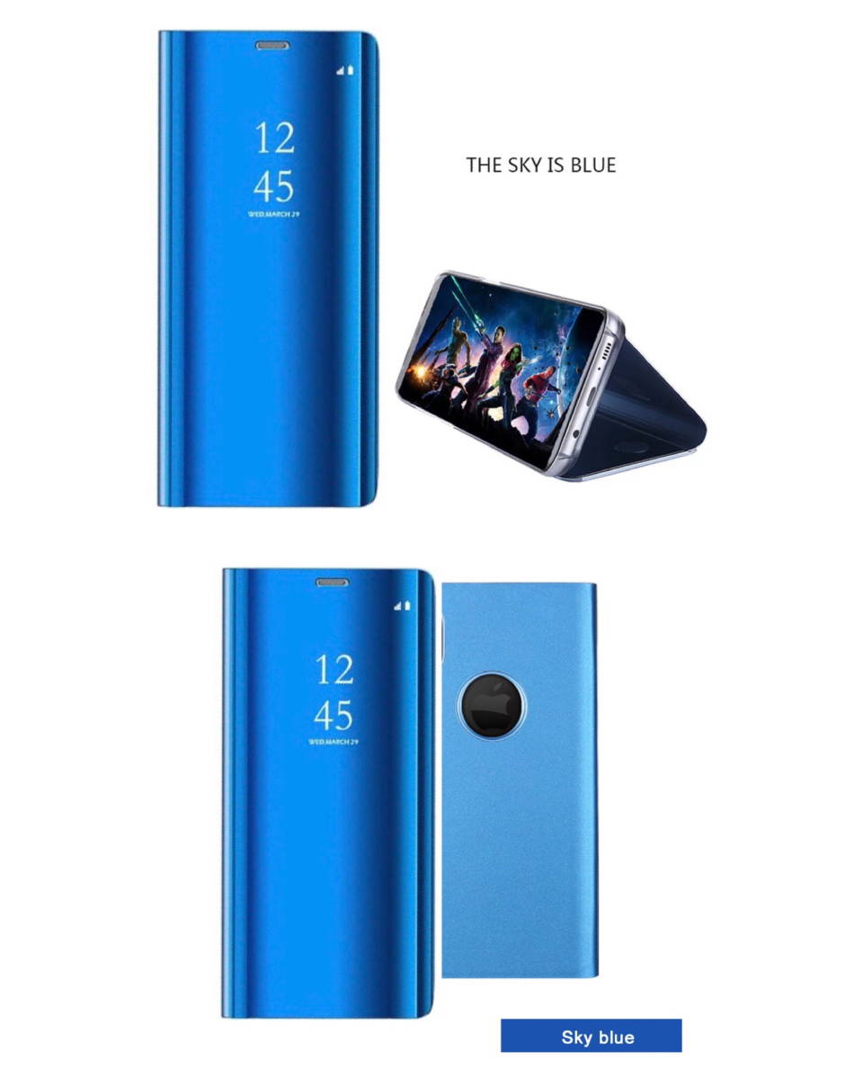 iPhone8Plus iPhone7Plus 手帳型ケース　ミラーケース 光沢　鏡面　反射　鏡面加工 液晶フィルム付き　スケルトン スマホケース　ブルー_画像2