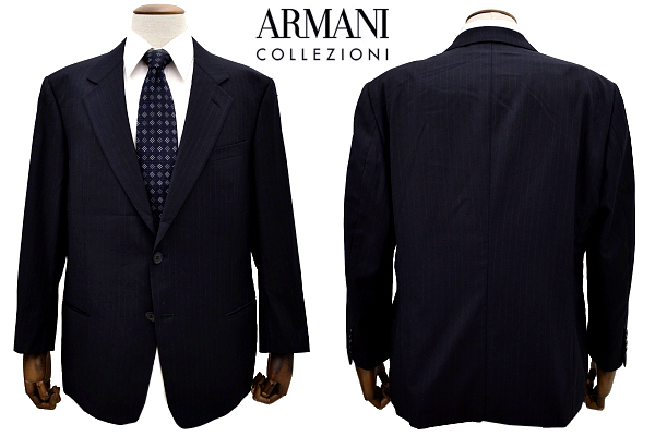 L-2021★美品★ARMANI COLLEZIONI アルマーニコレッツォーニ★通年 イタリア製 ネイビー紺ブレザー ストライプ テーラード ジャケット 54/R