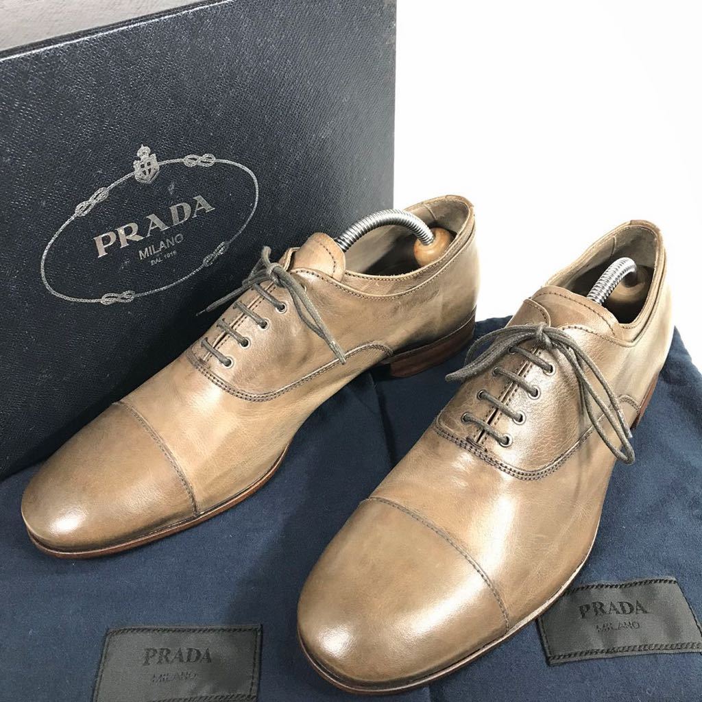 未使用品【プラダ】本物 PRADA 靴 26.5cm 茶 ストレートチップ