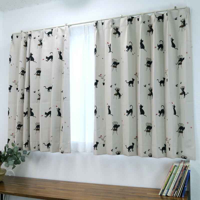 遮光カーテン かわいい猫柄 アイボリー 幅100cm×丈220cm2枚 日本製 プリーツが綺麗な形態安定加工_画像2