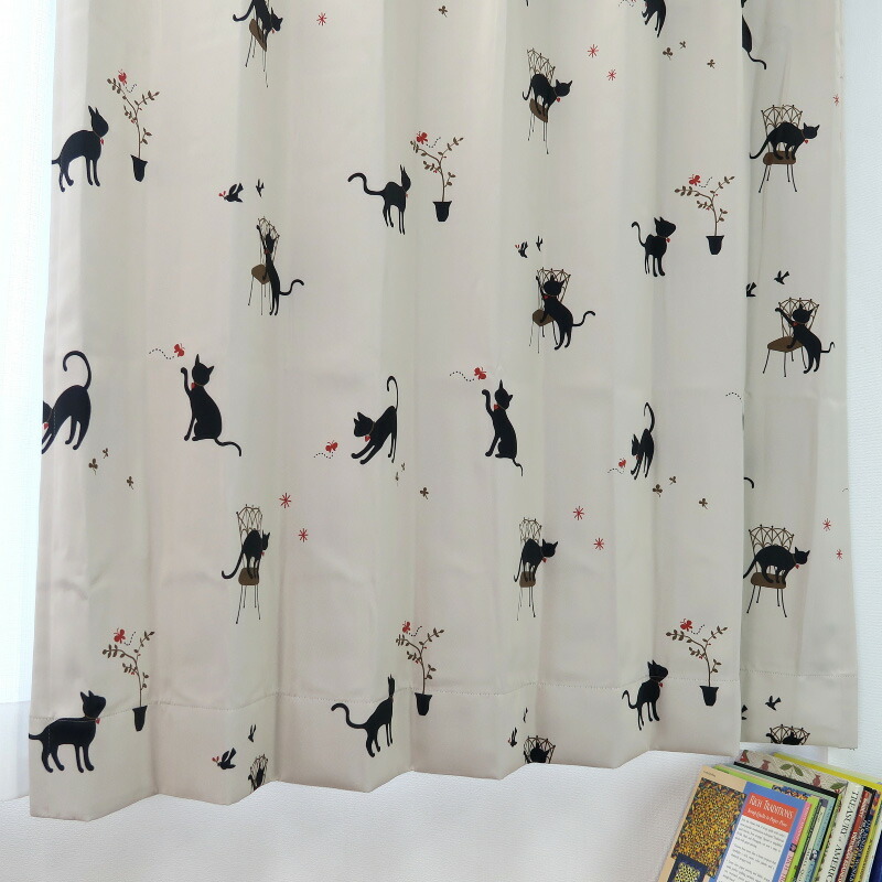 遮光カーテン かわいい猫柄 アイボリー 幅125cm×丈210cm2枚 日本製 プリーツが綺麗な形態安定加工_画像5
