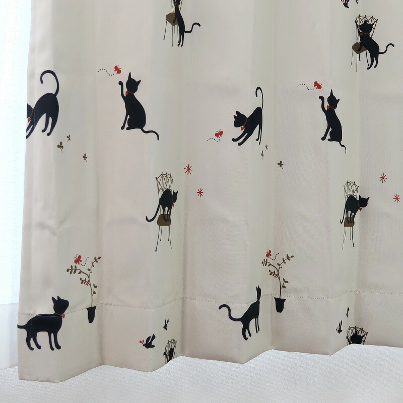 遮光カーテン かわいい猫柄 アイボリー 幅150cm×丈110cm2枚 日本製 プリーツが綺麗な形態安定加工_画像4