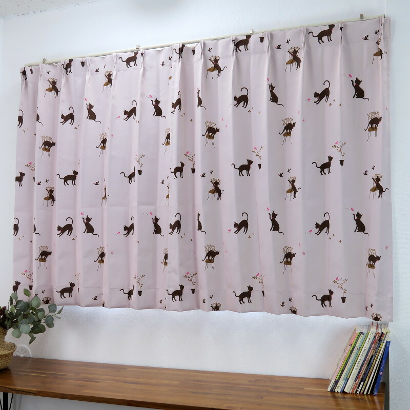 遮光カーテン かわいい猫柄 ピンク 幅125cm×丈145cm2枚 日本製 プリーツが綺麗な形態安定加工_画像5