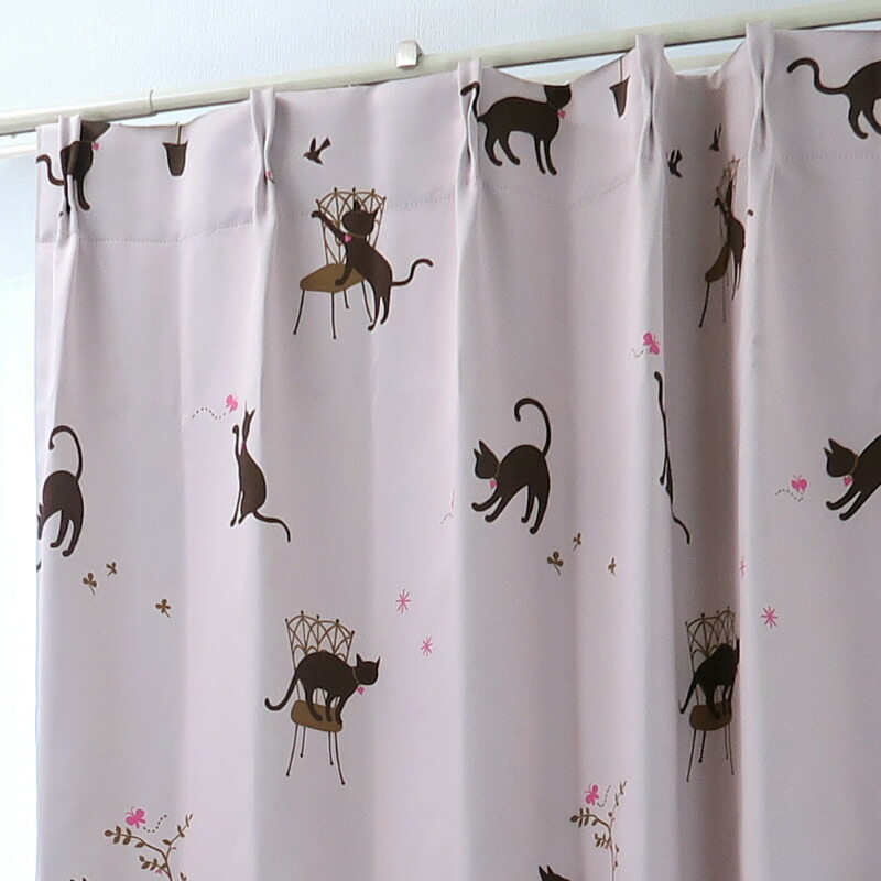 遮光カーテン かわいい猫柄 ピンク 幅100cm×丈245cm2枚 日本製 プリーツが綺麗な形態安定加工_画像3