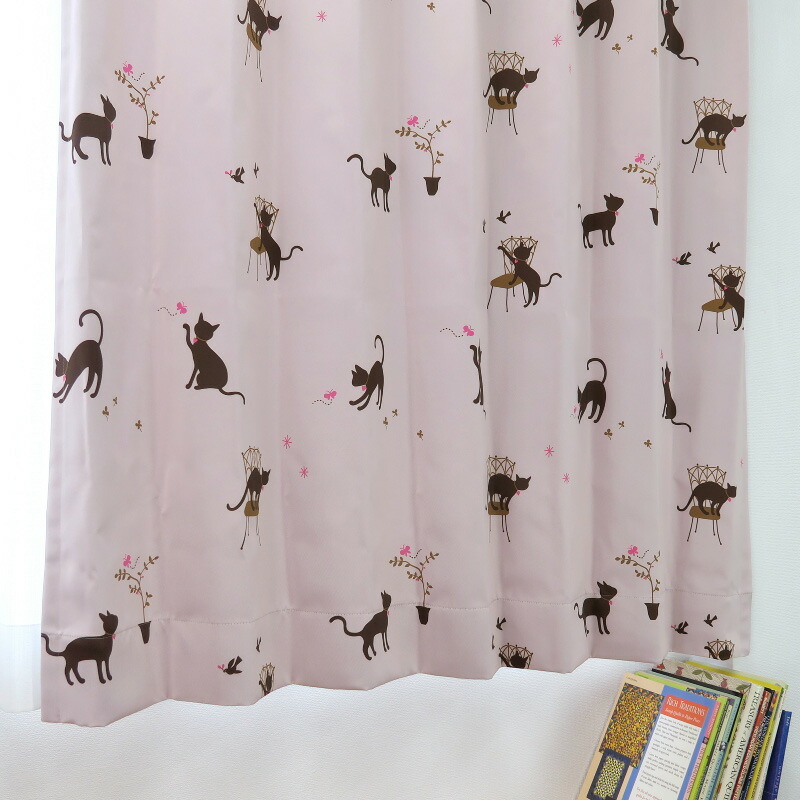 遮光カーテン かわいい猫柄 ピンク 幅100cm×丈65cm2枚 日本製 プリーツが綺麗な形態安定加工_画像4