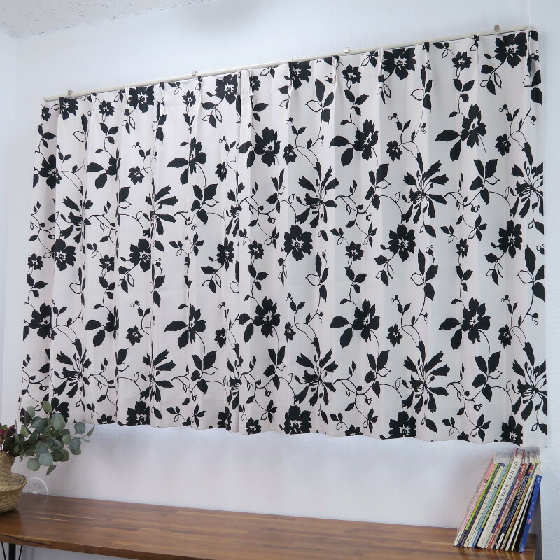 遮光カーテン 北欧 花柄 リーフ柄 ブラック 幅150cm×丈135cm2枚 日本製 プリーツが綺麗な形態安定加工_画像6