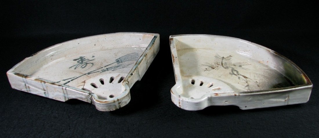 古陶磁　扇形菓子皿2枚　在銘　織部 志野　幅：30.5cm　時代箱付　茶道具/22k060_画像2