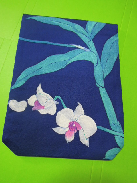  dark blue color ground white color. . butterfly orchid floral print * silk ground *L size gold . inserting fukusa!!!!!
