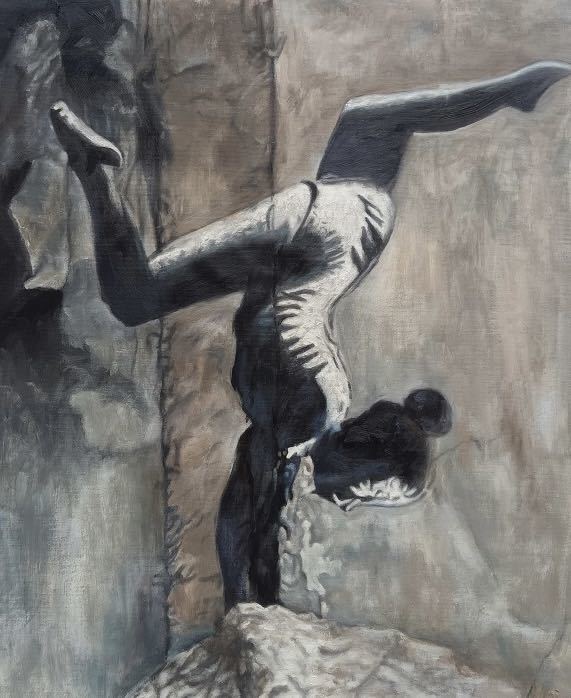 ◆Modern Art◆肉筆☆油絵☆F20号『逆立する体操選手byウクライナ』Banksy/模写☆