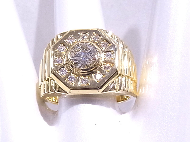 K18 YG yellow gold ring signet No-brand ring diamond total 1.03ct [ used ][ degree A][ beautiful goods ]