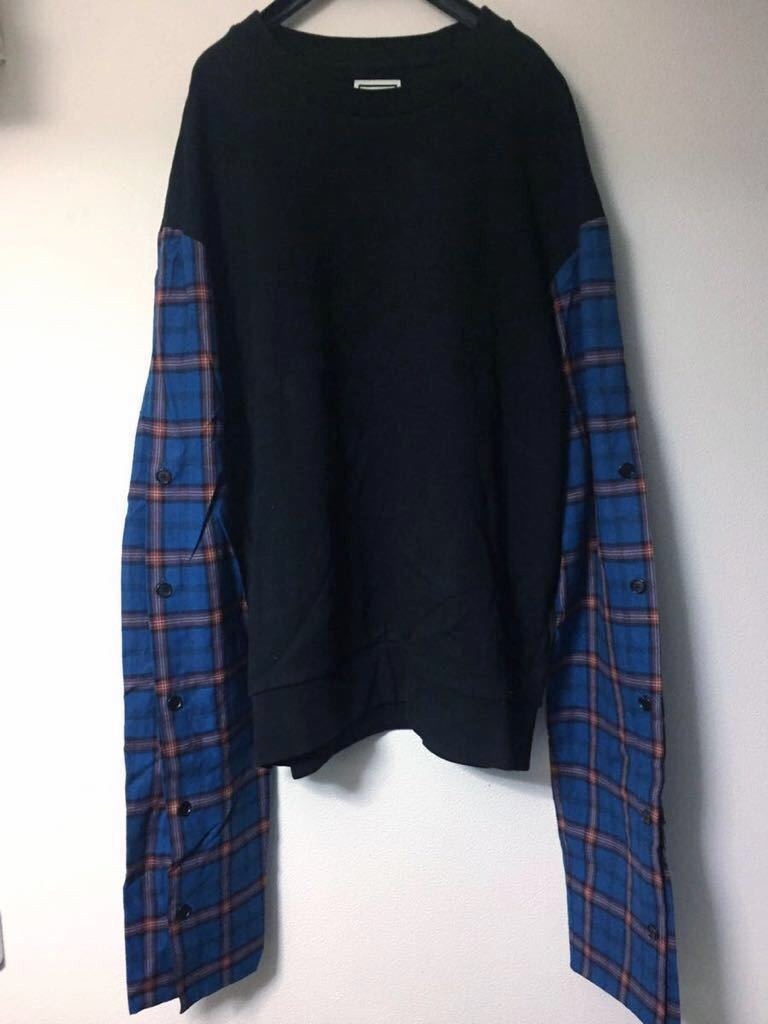 WOOYOUNGMI 19SS Oversized Sweatshirt With Plaid Sleeves オーバーサイズ スウェット ロング袖 チェック シャツ オープン 黒 青 PARIS