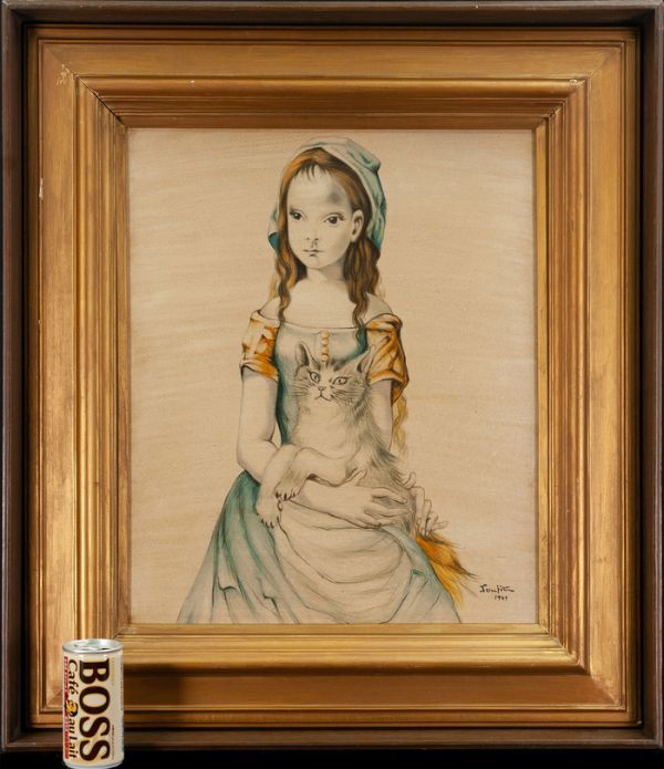 ○藤田嗣治○油絵 手描き《猫を抱く少女》表サイン 岡沢吉夫 ○藤田嗣治○油絵 手描き《猫を抱く少女》表サイン 岡沢吉夫
