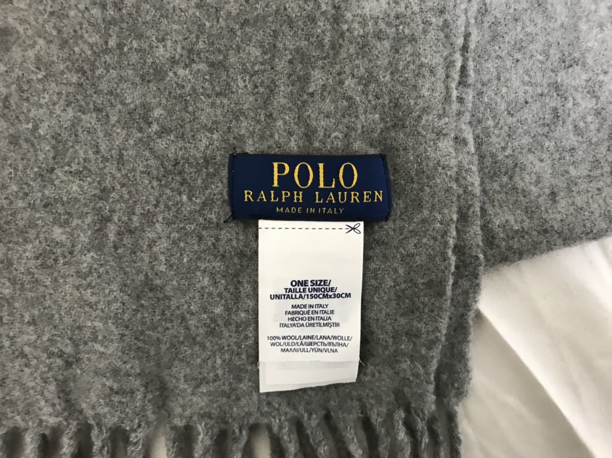 本物ポロラルフローレンPOLO RALPH LAURENウールロゴ刺繍マフラーストールメンズレディースビジネスグレーイタリア製