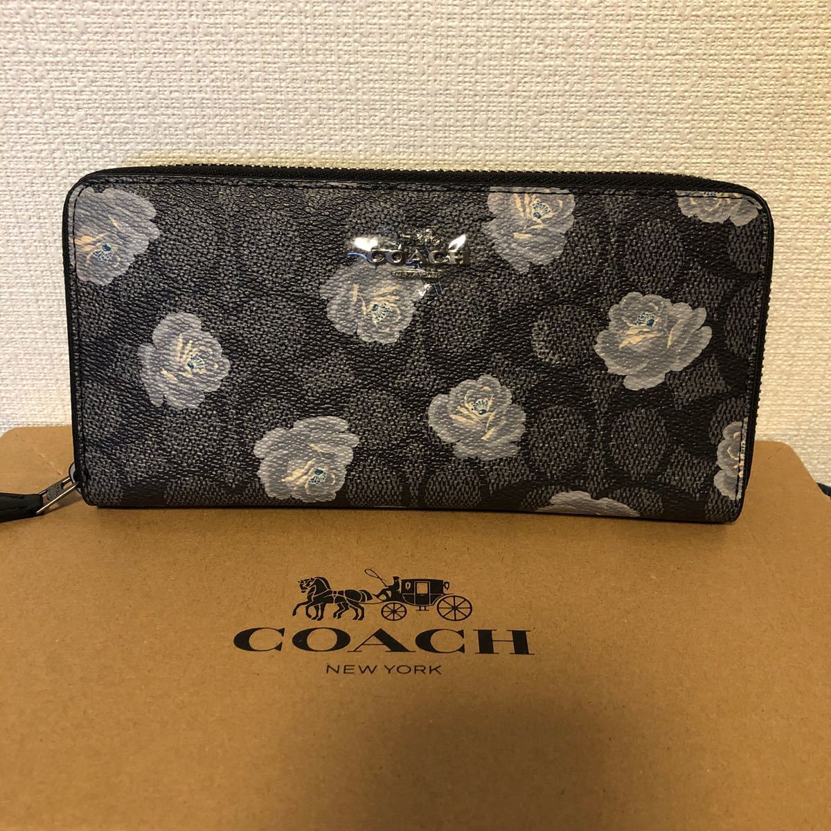 COACH コーチ 青いバラ 薔薇ダークブラウン シグネチャー長財布