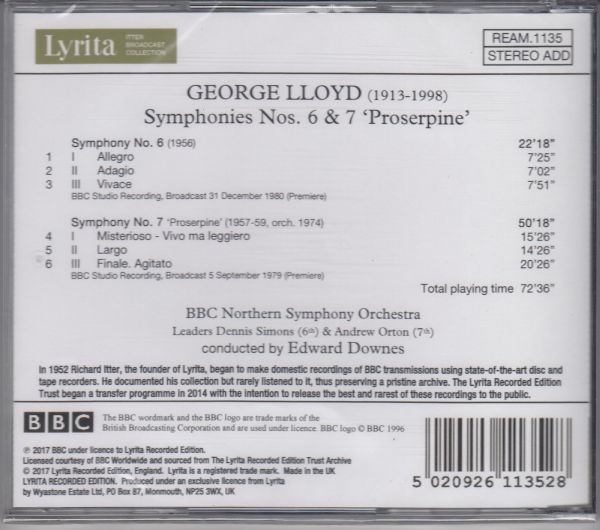 [CD/Lyrita]ジョージ・ロイド(1913-1998):交響曲第6番&交響曲第7番/E.ダウンズ&BBCノーザン交響楽団 1979-1980_画像2