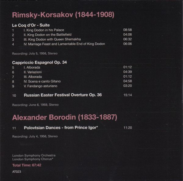 [CD/Artis]R=コルサコフ:「金鶏」組曲&スペイン奇想曲Op.34&「ロシアの復活祭」序曲Op.36他/A.ドラティ&ロンドン交響楽団 1956-1959_画像2
