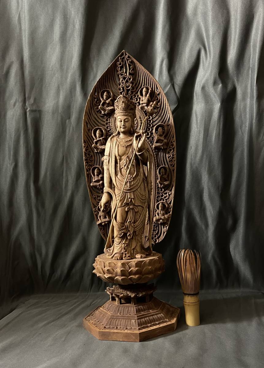 高45cm 仏教工芸品 総楠製 井波彫刻 極上彫 木彫仏像 日光菩薩立像